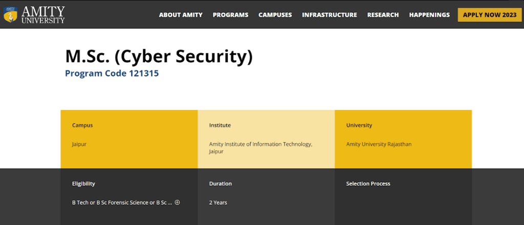 AMITY University M.Sc Cyber Security Course