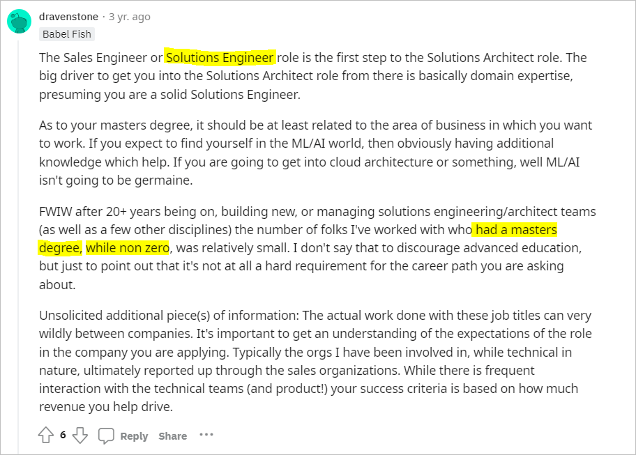 reddit comments on solution architect career path