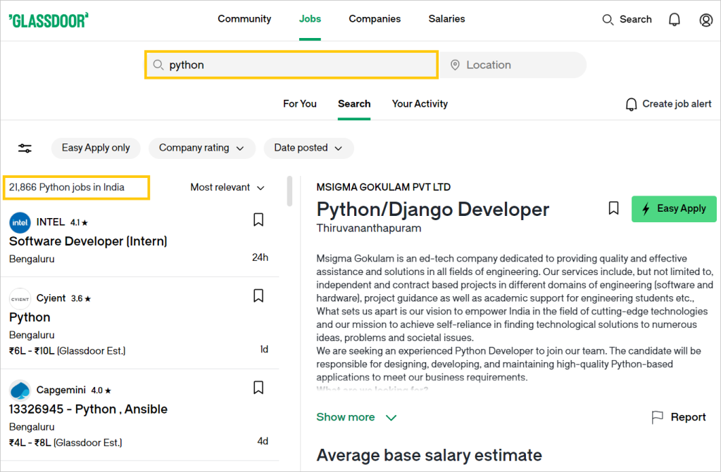 Python available jobs on glassdoor