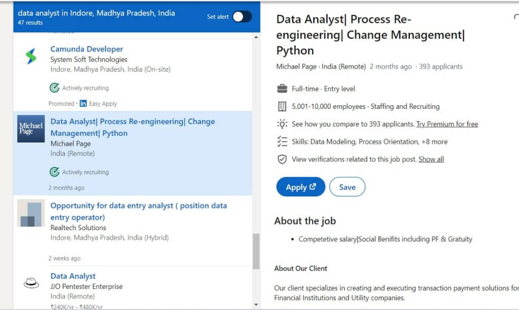 Data analyst in Indore
