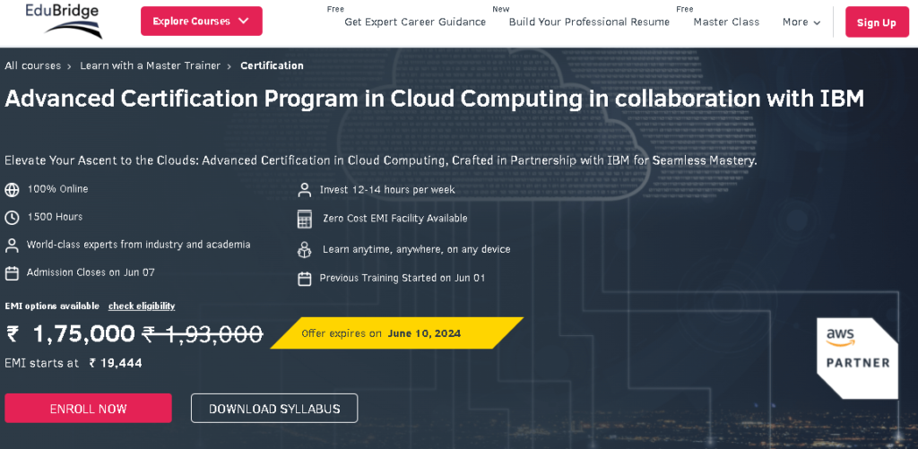 Advanced Certification Program in Cloud Computing by EduBridge